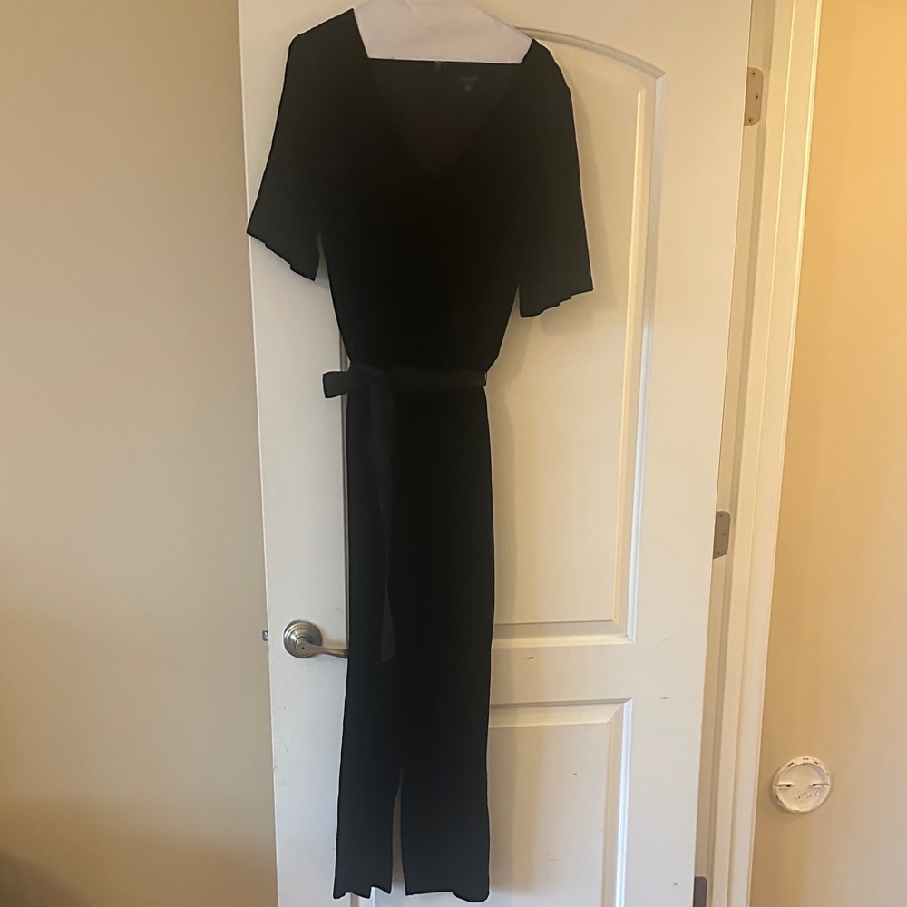Ann Taylor Black Short-Sleeve Jumpsuit with Waist Tie